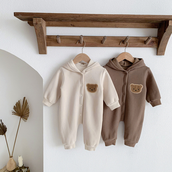 Kombinezon za novorođenčad s fleece podstavom, u korejskom stilu, kapuljača, dugi rukav, materijal 50% pamuk/50% poliester, deblji