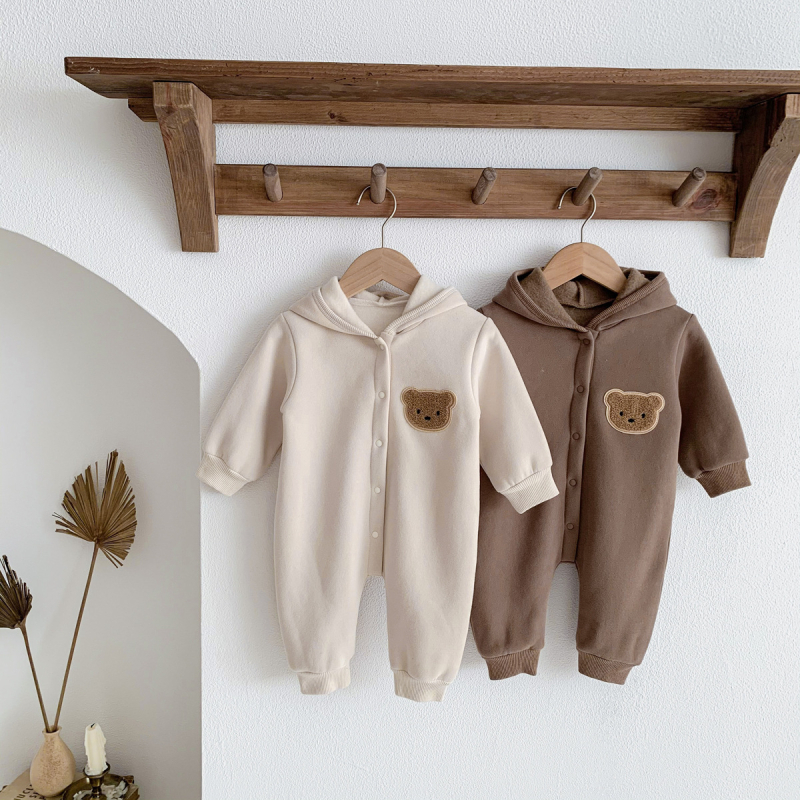 Kombinezon za novorođenčad s fleece podstavom, u korejskom stilu, kapuljača, dugi rukav, materijal 50% pamuk/50% poliester, deblji