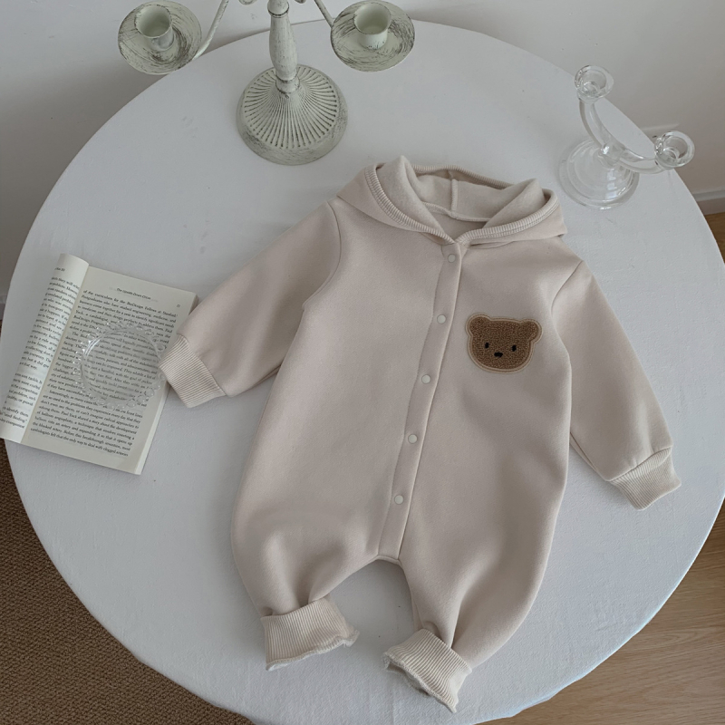 Kombinezon za novorođenčad s fleece podstavom, u korejskom stilu, kapuljača, dugi rukav, materijal 50% pamuk/50% poliester, deblji