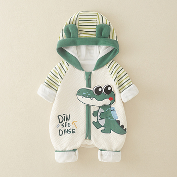 Bejbi onesie s cartoon krokodilom - kapuljača, dugi rukavi, poliester, unisex, korejski stil, proljeće i jesen