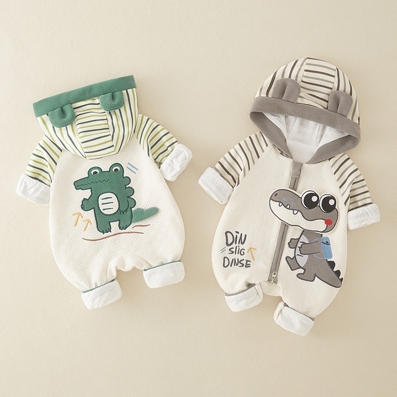 Bejbi onesie s cartoon krokodilom - kapuljača, dugi rukavi, poliester, unisex, korejski stil, proljeće i jesen
