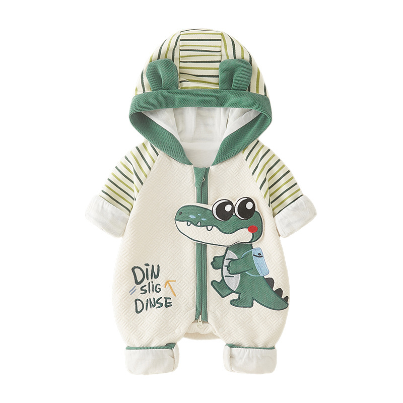 Bejbi onesie s cartoon krokodilom - kapuljača, dugi rukavi, poliester, unisex, korejski stil, proljeće i jesen