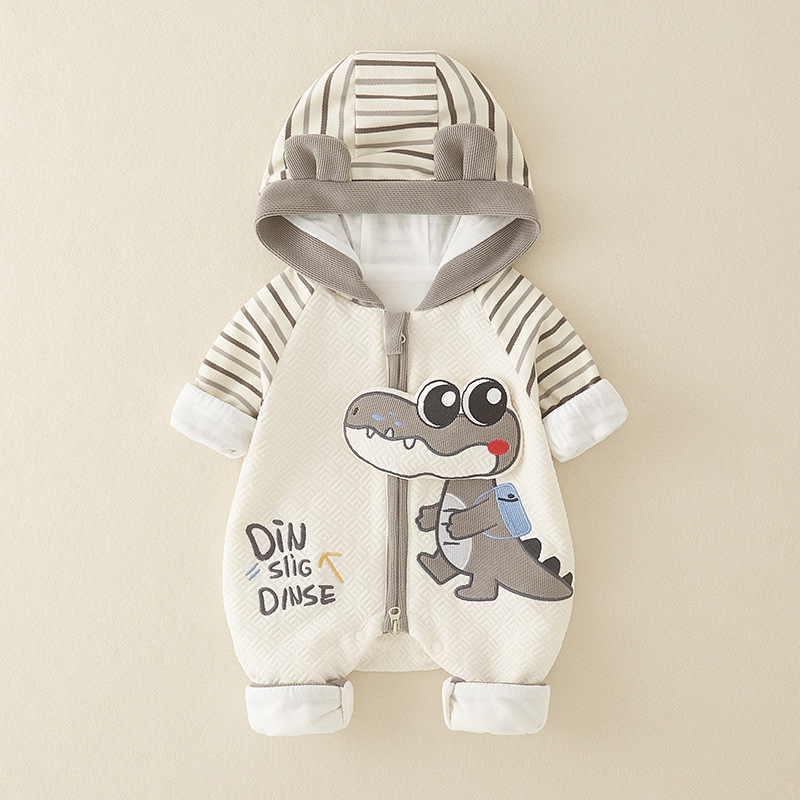 Bejbi onesie s cartoon krokodilom - kapuljača, dugi rukavi, poliester, unisex, korejski stil, proljeće i jesen