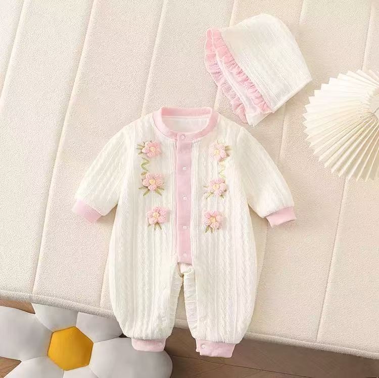 Romper za djevojčice, dvostruki sloj pamuka, dugi rukavi, odvojiva kapuljača, za proljeće-jesen, za novorođenčad 0–1 godina