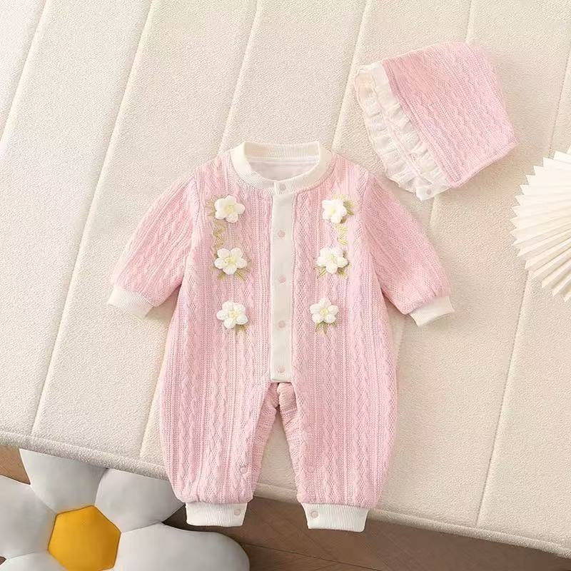 Romper za djevojčice, dvostruki sloj pamuka, dugi rukavi, odvojiva kapuljača, za proljeće-jesen, za novorođenčad 0–1 godina