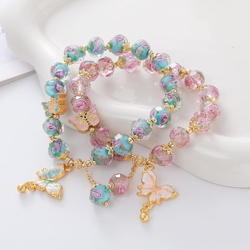 Női kézműves karkötő üveg- és lazurit gyöngyökkel, pillangó medállal, hercegnő-stílusú ékszer