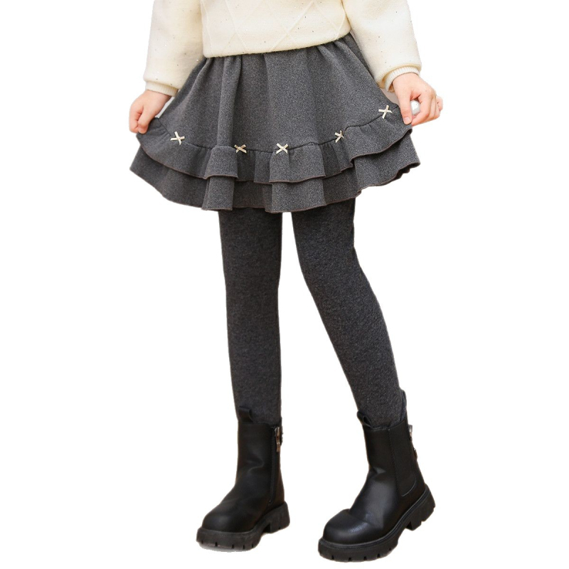 Pantaloni-fustă pentru fetițe, cu fleece, pentru iarnă, design dublu imitativ, material bumbac, talie elastică medie