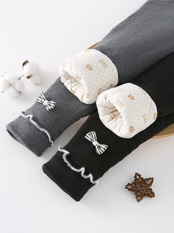 Pantaloni de iarnă din bumbac pentru fetițe, căptușeală din fleece, talie înaltă, 95% bumbac, finisaj moale, culoare uni cu funda, pentru copii 3–8 ani