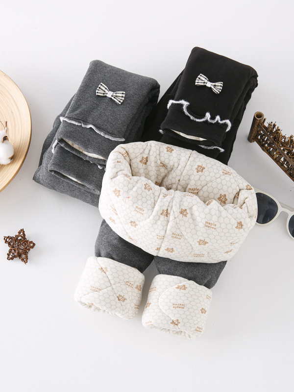 Pantaloni de iarnă din bumbac pentru fetițe, căptușeală din fleece, talie înaltă, 95% bumbac, finisaj moale, culoare uni cu funda, pentru copii 3–8 ani