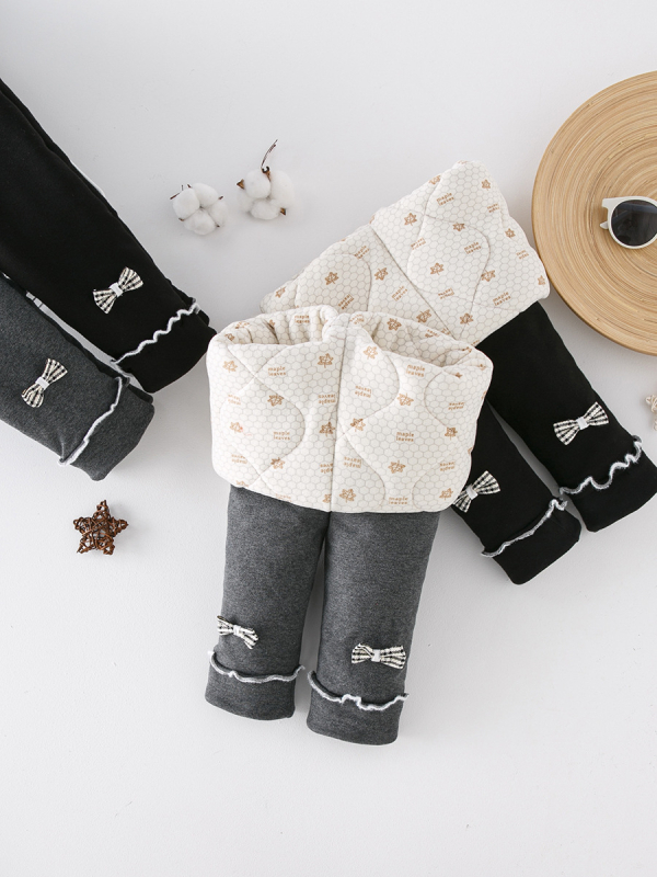 Pantaloni de iarnă din bumbac pentru fetițe, căptușeală din fleece, talie înaltă, 95% bumbac, finisaj moale, culoare uni cu funda, pentru copii 3–8 ani