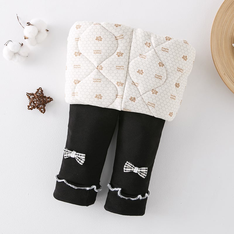 Pantaloni de iarnă din bumbac pentru fetițe, căptușeală din fleece, talie înaltă, 95% bumbac, finisaj moale, culoare uni cu funda, pentru copii 3–8 ani