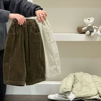 Pantaloni pentru copii băieți din corduroy cu căptușeală de fleece, stil leisure, 65% poliester, talie medie, curea elastică, pentru vârsta 3–8 ani, primăvară, toamnă și iarnă
