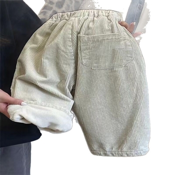 Pantaloni pentru copii băieți din corduroy cu căptușeală de fleece, stil leisure, 65% poliester, talie medie, curea elastică, pentru vârsta 3–8 ani, primăvară, toamnă și iarnă
