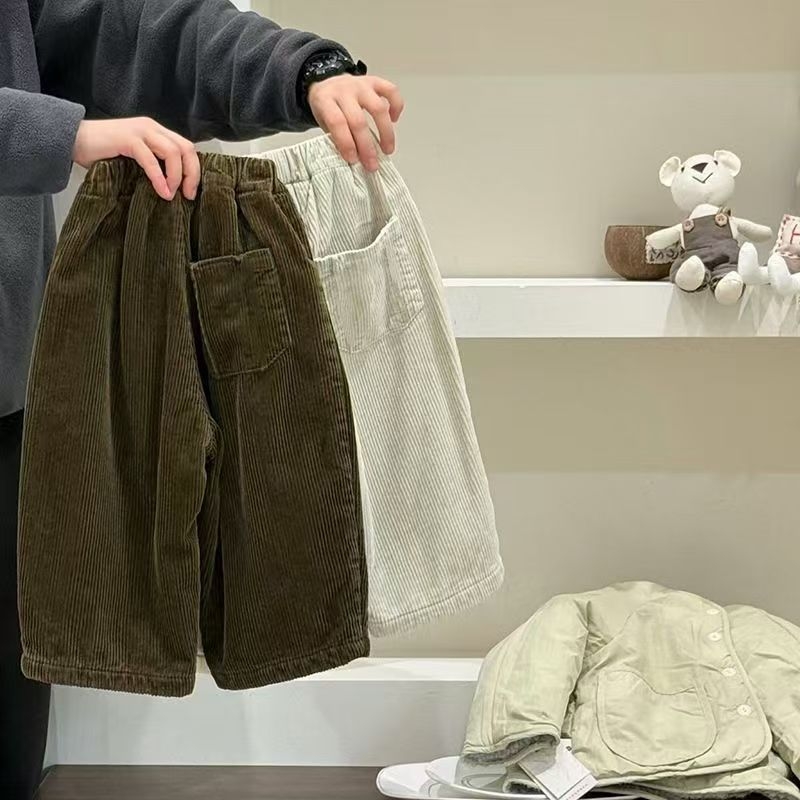 Pantaloni pentru copii băieți din corduroy cu căptușeală de fleece, stil leisure, 65% poliester, talie medie, curea elastică, pentru vârsta 3–8 ani, primăvară, toamnă și iarnă