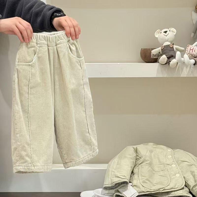 Pantaloni pentru copii băieți din corduroy cu căptușeală de fleece, stil leisure, 65% poliester, talie medie, curea elastică, pentru vârsta 3–8 ani, primăvară, toamnă și iarnă