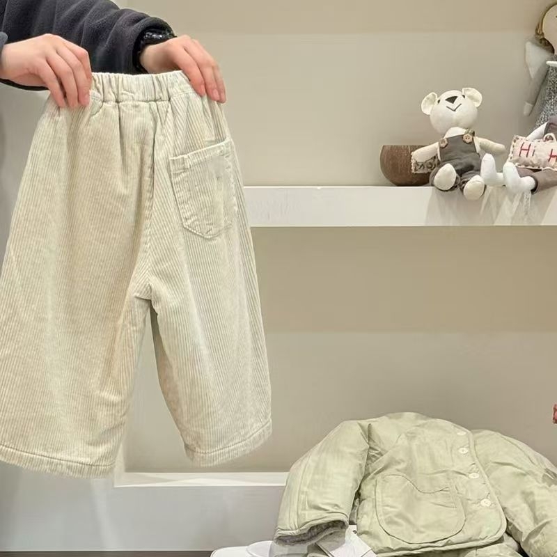Pantaloni pentru copii băieți din corduroy cu căptușeală de fleece, stil leisure, 65% poliester, talie medie, curea elastică, pentru vârsta 3–8 ani, primăvară, toamnă și iarnă