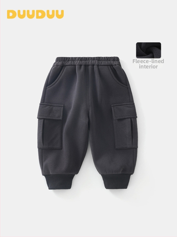 Duuduu Pantaloni pentru copii cu fleece, Poliester 74.4% / Bumbac 22.7% / Elastan 2.9%, Talie medie cu elastic, Culoare solidă, 1-3 ani (80-100 cm), Iarnă 2025