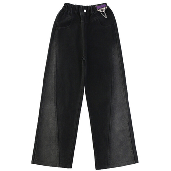 Lányoknak készült denim széles szárú nadrág fleece-béléssel, középmagas derékkal, elasztikus derék, koreai stílus, 65% pamut