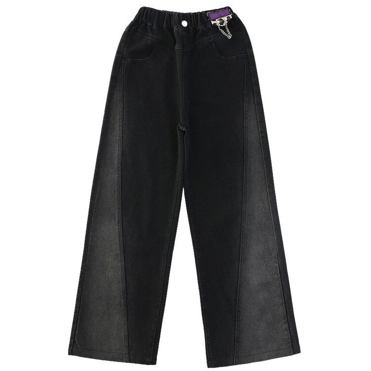 Lányoknak készült denim széles szárú nadrág fleece-béléssel, középmagas derékkal, elasztikus derék, koreai stílus, 65% pamut