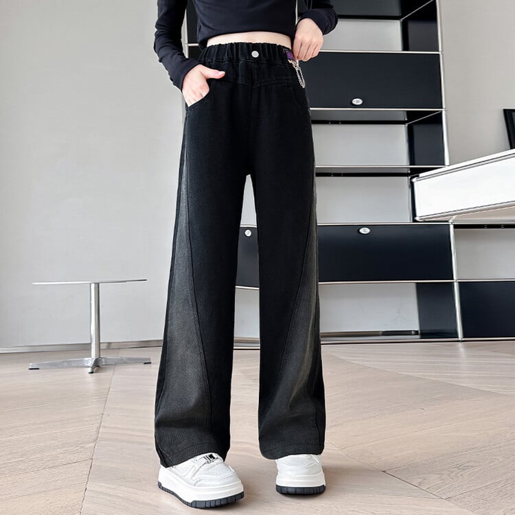 Lányoknak készült denim széles szárú nadrág fleece-béléssel, középmagas derékkal, elasztikus derék, koreai stílus, 65% pamut