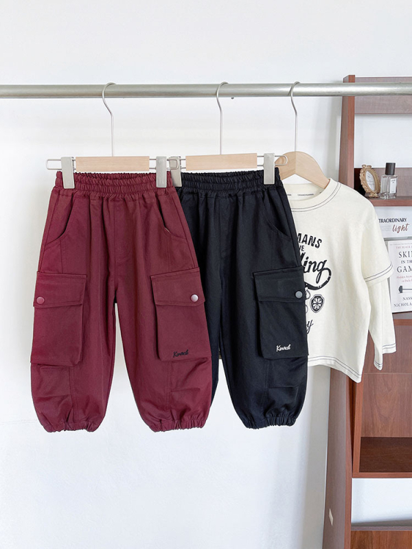 Dječje hlače u korejskom stilu s velikim džepovima, cargo dizajn, 100% poliester, srednji struk, unisex, proljeće i jesen
