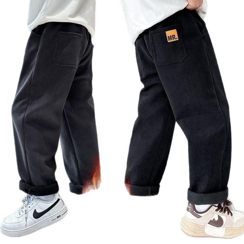 Kordurove hlače za dječake s flis unutarnjom, crne, ležerni zimski stil