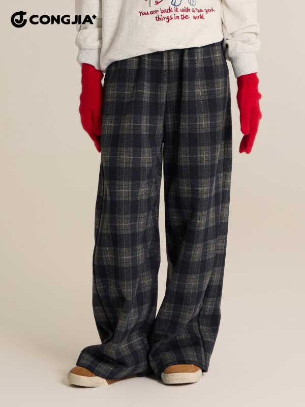 Pantaloni casual pentru fetițe cu carouri, talie înaltă, lungi, 95% poliester, toamnă-iarnă