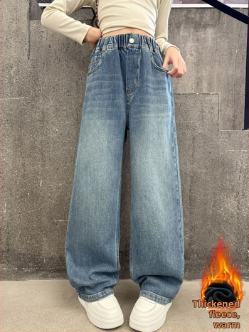 Pantaloni de denim pentru copii, căptuți cu fleece pentru iarnă, croială largă, talie medie cu bandă elastică, pentru fete peste 8 ani.