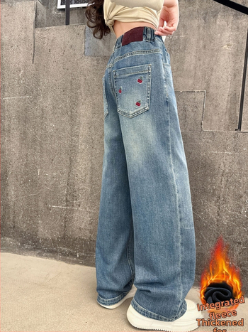 Pantaloni de denim pentru copii, căptuți cu fleece pentru iarnă, croială largă, talie medie cu bandă elastică, pentru fete peste 8 ani.