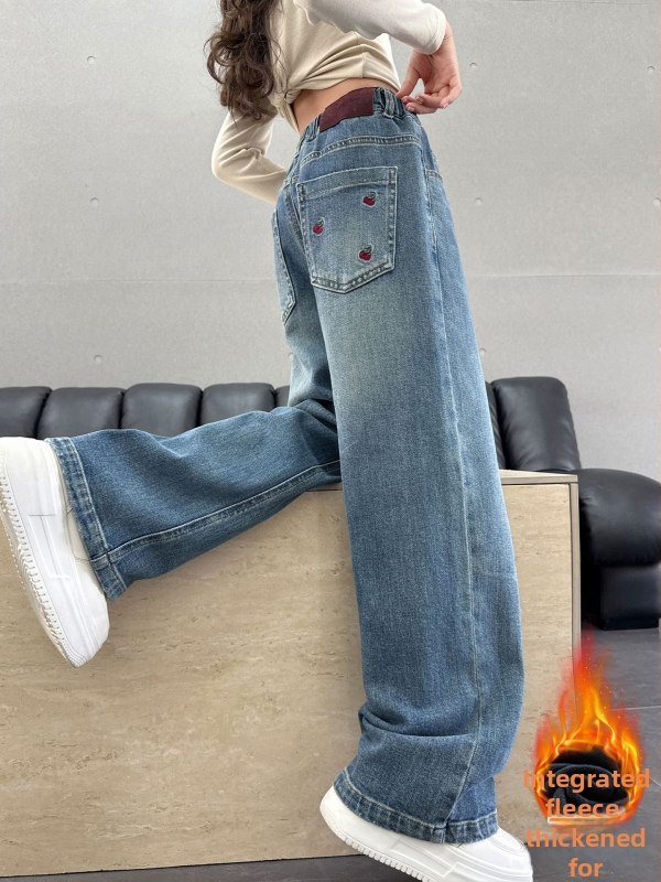 Pantaloni de denim pentru copii, căptuți cu fleece pentru iarnă, croială largă, talie medie cu bandă elastică, pentru fete peste 8 ani.