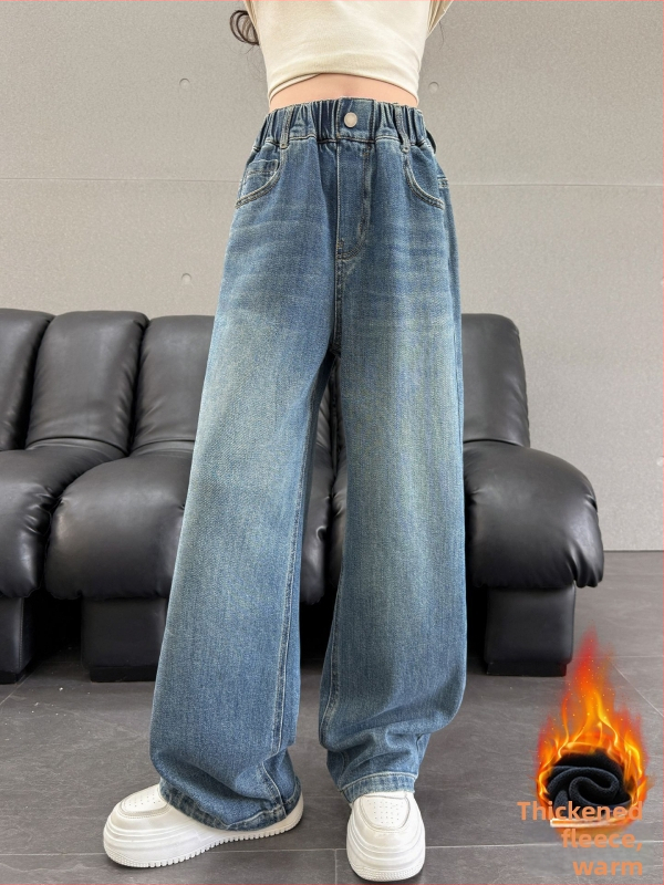 Pantaloni de denim pentru copii, căptuți cu fleece pentru iarnă, croială largă, talie medie cu bandă elastică, pentru fete peste 8 ani.