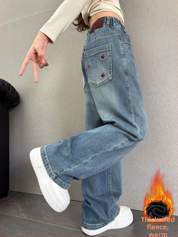 Pantaloni de denim pentru copii, căptuți cu fleece pentru iarnă, croială largă, talie medie cu bandă elastică, pentru fete peste 8 ani.