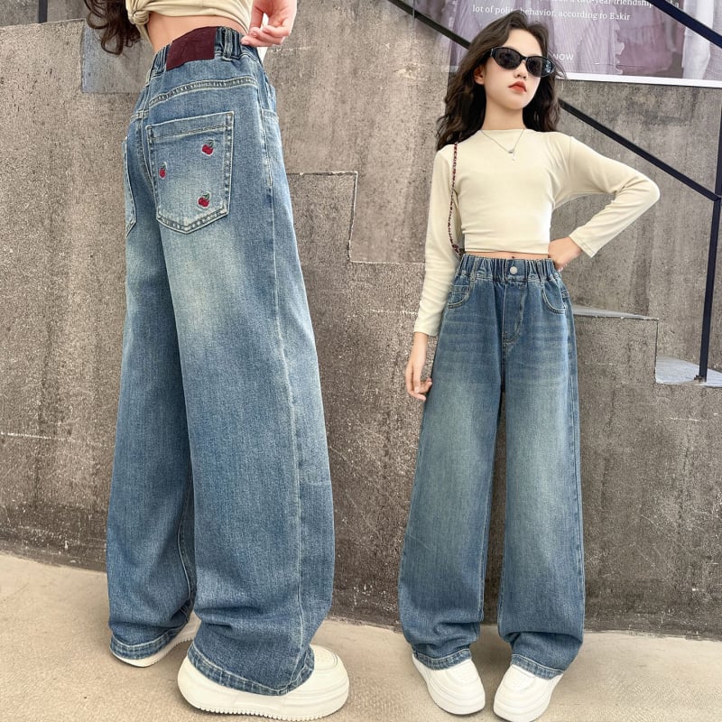 Pantaloni de denim pentru copii, căptuți cu fleece pentru iarnă, croială largă, talie medie cu bandă elastică, pentru fete peste 8 ani.