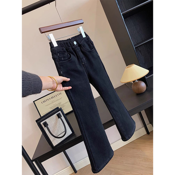 Dječje slim džinsice za djevojčice, podstavljene flisom, denim, 70-80% pamuk, srednji porast, elastična struka, boot-cut stil