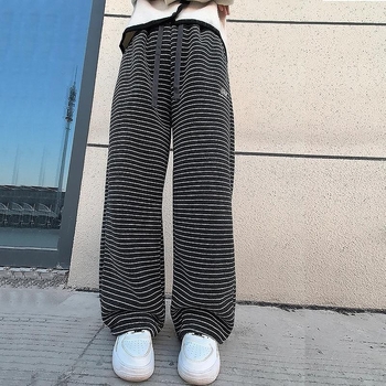 Pantalone za djevojčice s umjetnim zajčjim krznom, prugaste, širokih nogavica, toplo podstavljene fleeceom, casual, do poda, zima za stariju djecu