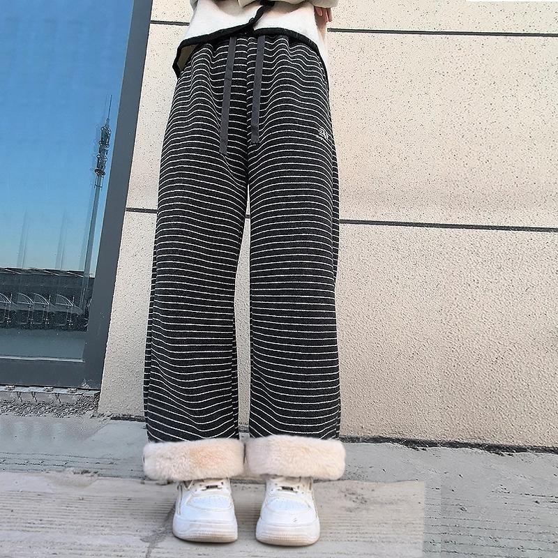 Pantalone za djevojčice s umjetnim zajčjim krznom, prugaste, širokih nogavica, toplo podstavljene fleeceom, casual, do poda, zima za stariju djecu
