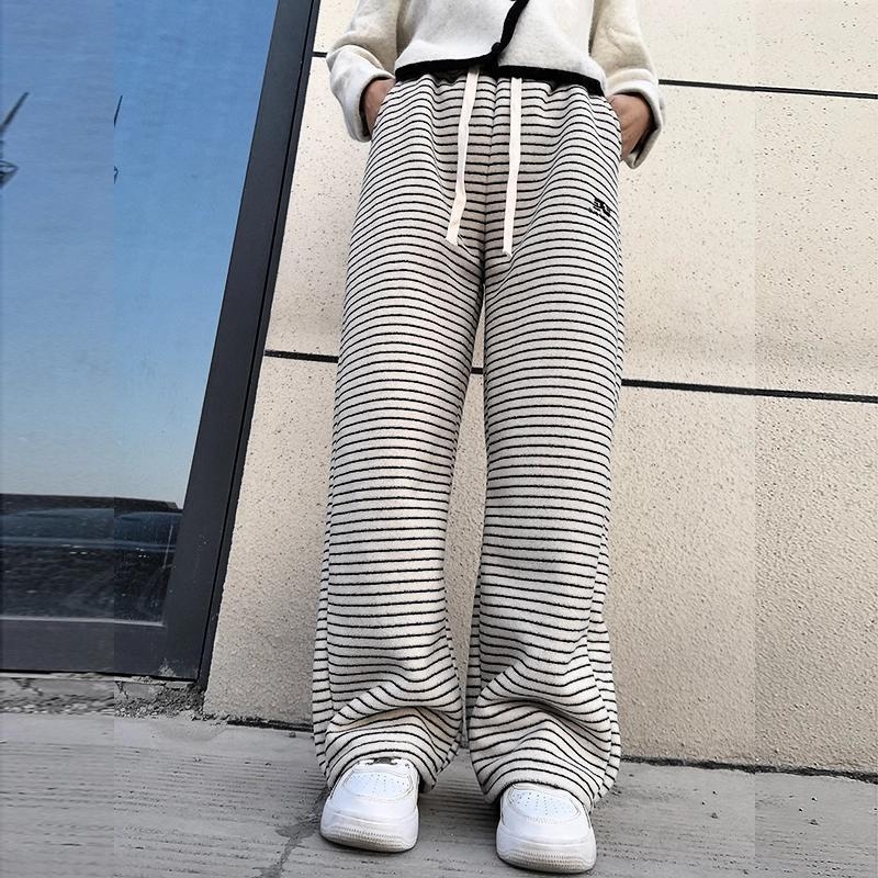 Pantalone za djevojčice s umjetnim zajčjim krznom, prugaste, širokih nogavica, toplo podstavljene fleeceom, casual, do poda, zima za stariju djecu