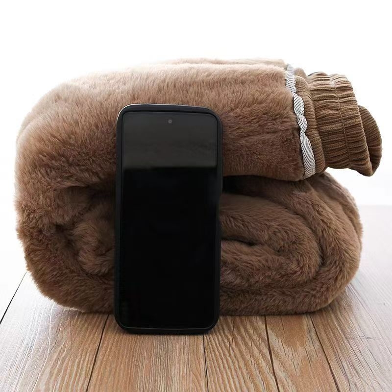 Pantaloni pentru copii cu blană de iepure artificială — stil coreean, calzi și groși pentru iarnă, poliester 95%, amestec din fibre chimice, talie înaltă, bandă elastică