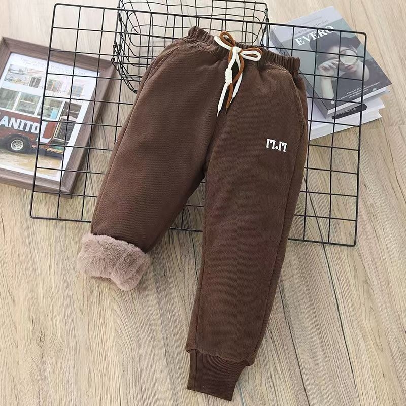 Pantaloni pentru copii cu blană de iepure artificială — stil coreean, calzi și groși pentru iarnă, poliester 95%, amestec din fibre chimice, talie înaltă, bandă elastică
