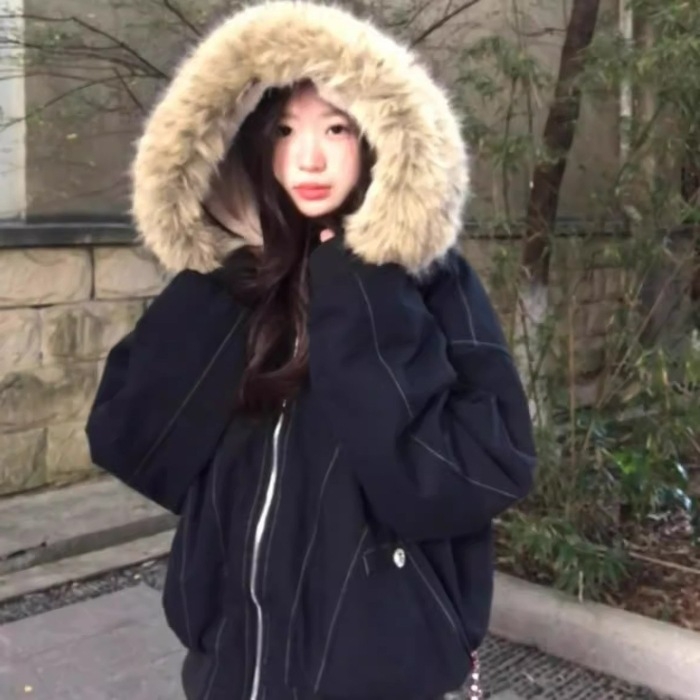 Ženska crna američka retro parka jakna, podstavljena flisom i debeli sloj punjenja, kratki kroj
