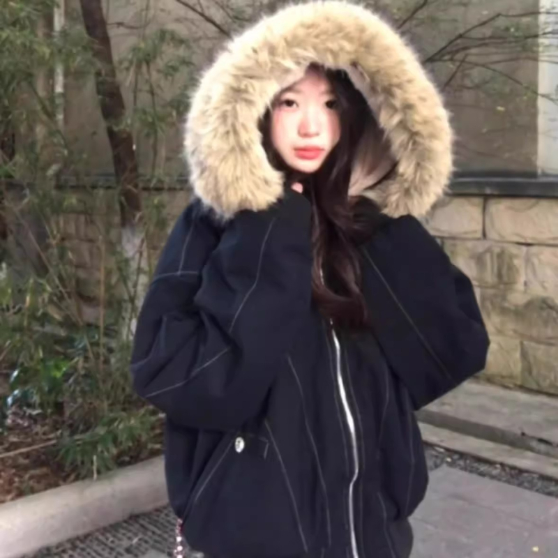Ženska crna američka retro parka jakna, podstavljena flisom i debeli sloj punjenja, kratki kroj
