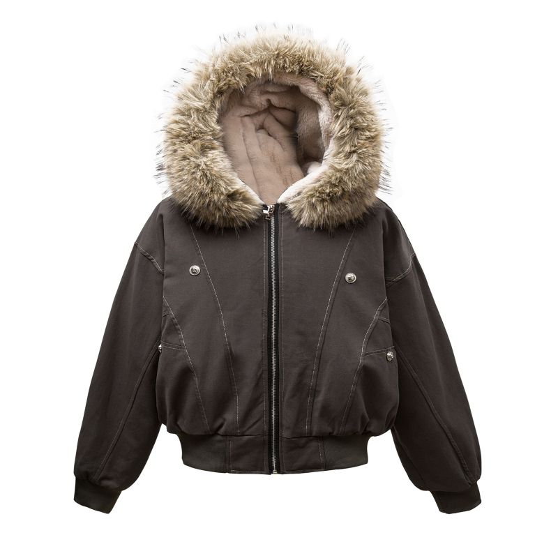Ženska crna američka retro parka jakna, podstavljena flisom i debeli sloj punjenja, kratki kroj