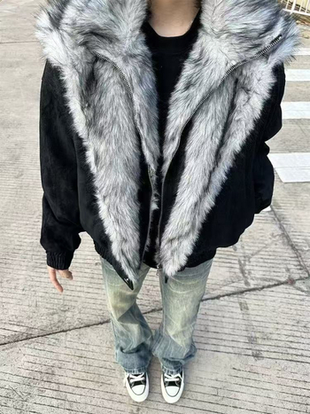 Μπουφάν μπόμπερ με κουκούλα, φαρδιά γραμμή, φερμουάρ μπροστά, για τον χειμώνα