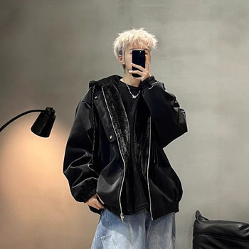 Ανδρικό μπουφάν με κουκούλα από βαμβάκι, επένδυση φλίς, φερμουάρ μπροστά, χαλαρή γραμμή, εξωτερικό πολυεστέρας για τον χειμώνα