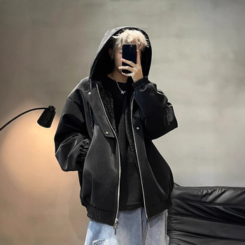 Ανδρικό μπουφάν με κουκούλα από βαμβάκι, επένδυση φλίς, φερμουάρ μπροστά, χαλαρή γραμμή, εξωτερικό πολυεστέρας για τον χειμώνα