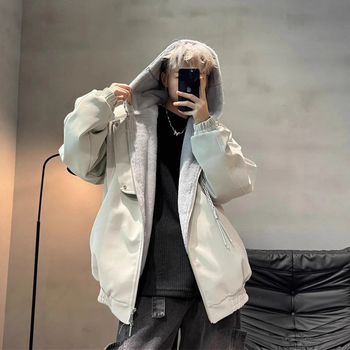 Ανδρικό μπουφάν με κουκούλα από βαμβάκι, επένδυση φλίς, φερμουάρ μπροστά, χαλαρή γραμμή, εξωτερικό πολυεστέρας για τον χειμώνα