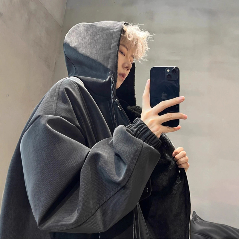 Ανδρικό μπουφάν με κουκούλα από βαμβάκι, επένδυση φλίς, φερμουάρ μπροστά, χαλαρή γραμμή, εξωτερικό πολυεστέρας για τον χειμώνα