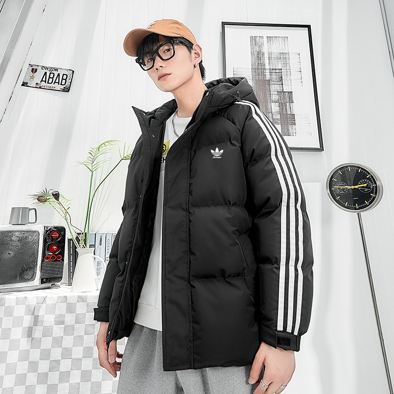 Ανδρικό παχύτερο βαμβακερό μπουφάν με κουκούλα, ριγέ σχέδιο, χαλαρή γραμμή, φερμουάρ