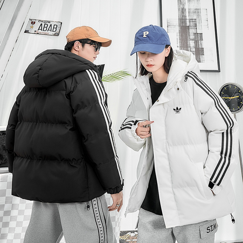 Ανδρικό παχύτερο βαμβακερό μπουφάν με κουκούλα, ριγέ σχέδιο, χαλαρή γραμμή, φερμουάρ