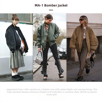 Jachetă damă MA-1 bomber din nylon: exterior nylon, umplutură 100% poliester, gros pentru iarnă, guler înalt cu fermoar, model uni